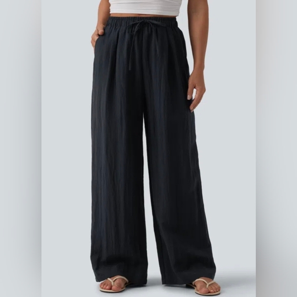 HALARA Pants - NWT Halara High Waisted Wide Leg Linen Feel Drawstring Pants Black XL Petite